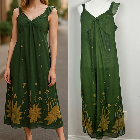Magic Dresses & Skirts - Vintage Magic Green Floral Ruffle Maxi Dress Babydoll Y2K Womens Size Large Boho